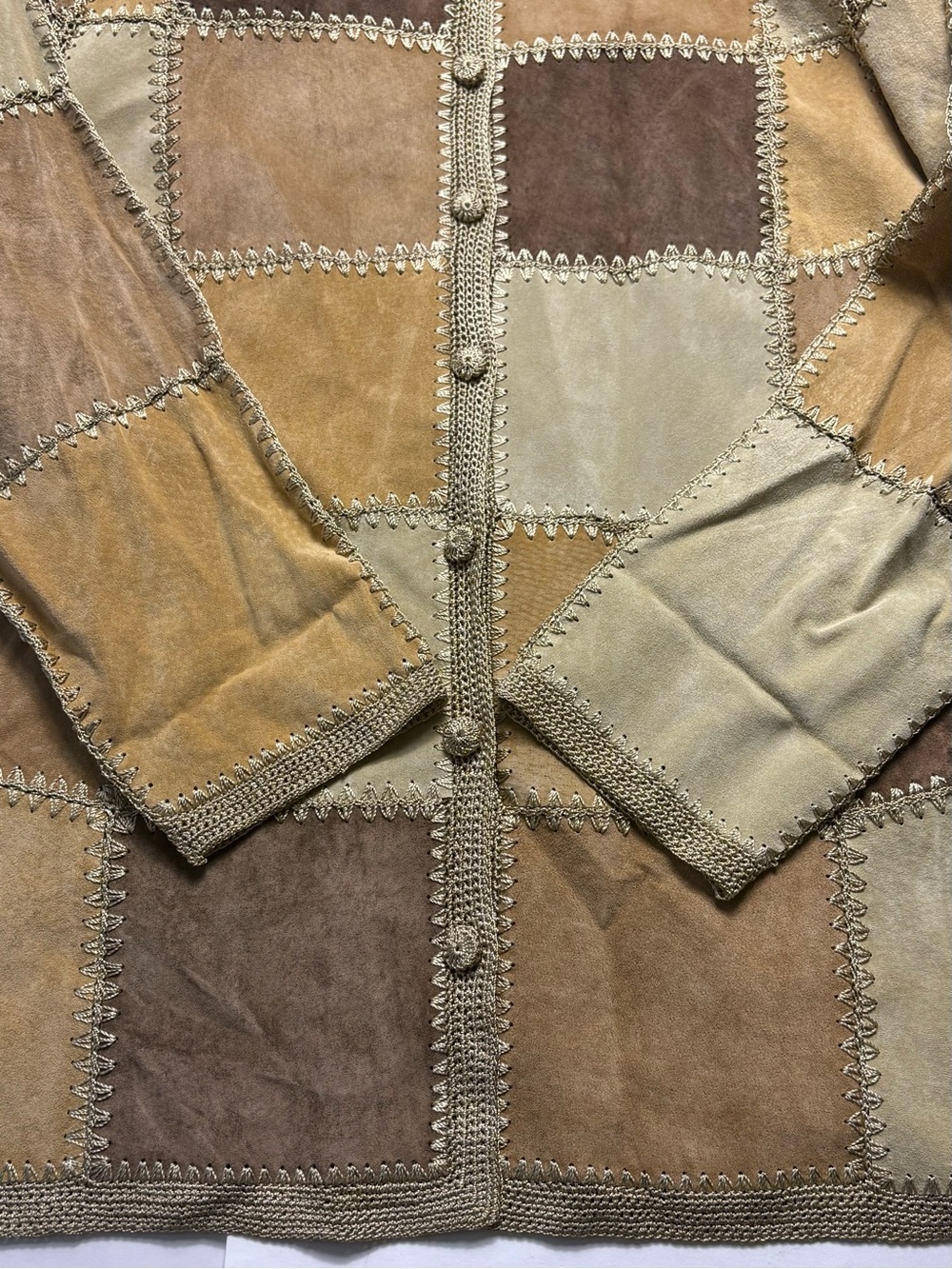 VTG Denim & Co Patchwork Suede Leather Jacket Crochet Trim L Boho - Picture 5 of 12